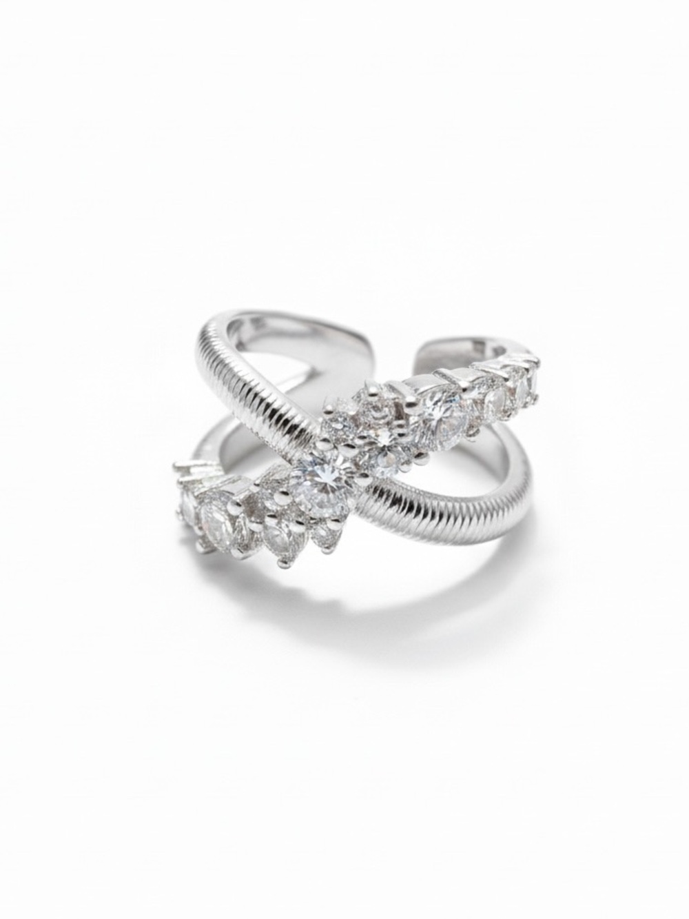 CZ CRISS CROSS SILVER ADJUSTABLE RING